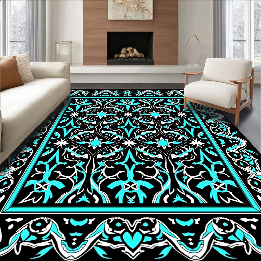 Bold Cyan Geometric Scrollwork Rug