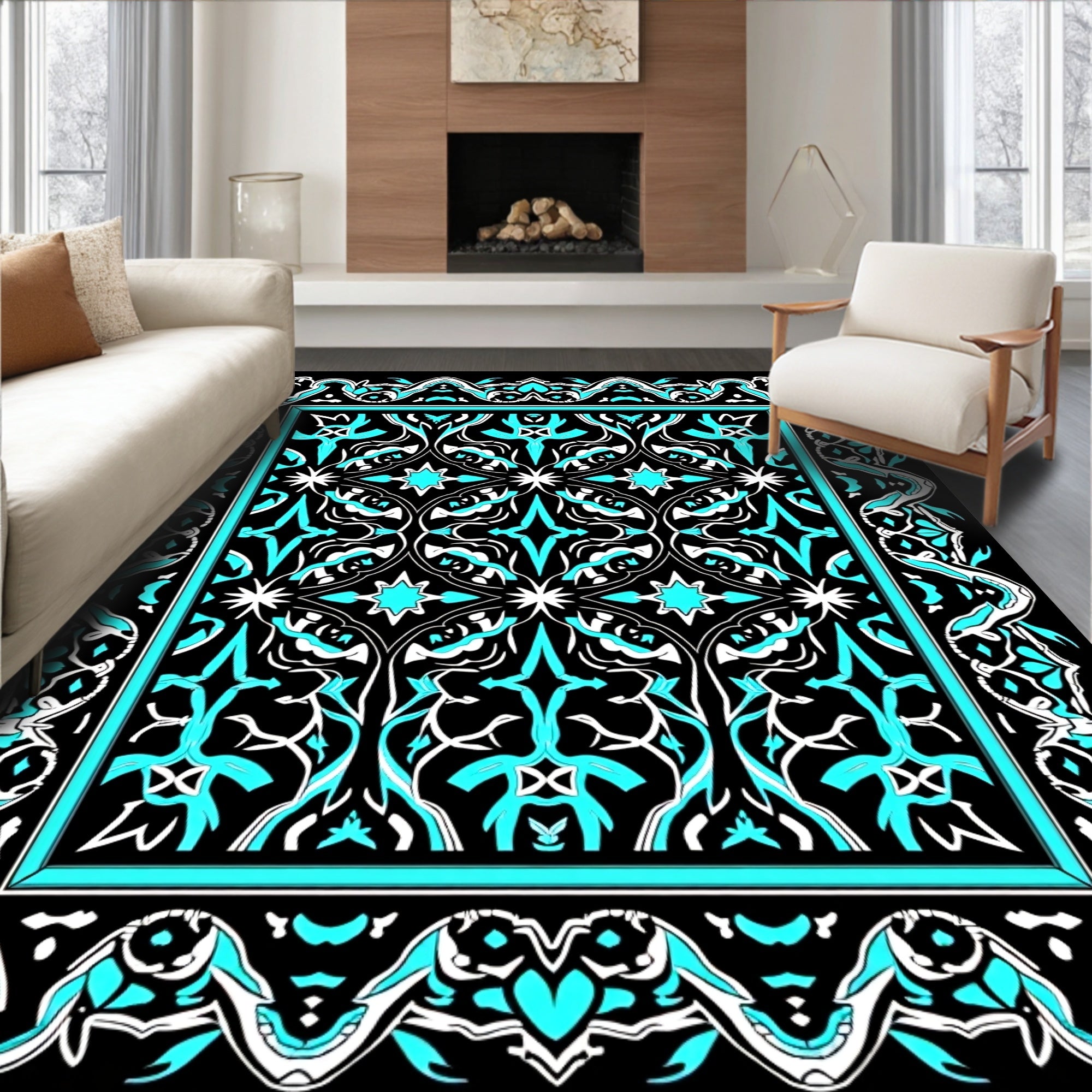 Bold Cyan Geometric Scrollwork Rug