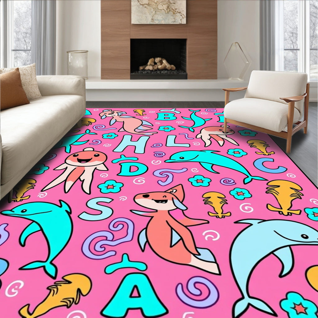 Pink Whimsical Sea Creatures Alphabet Rug