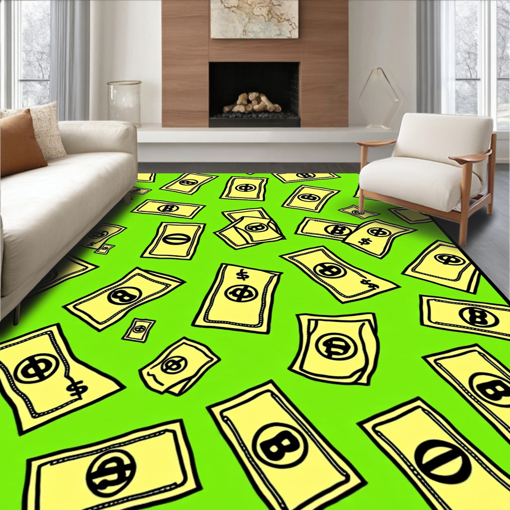 Yellow Money Bills On Bright Green Rug