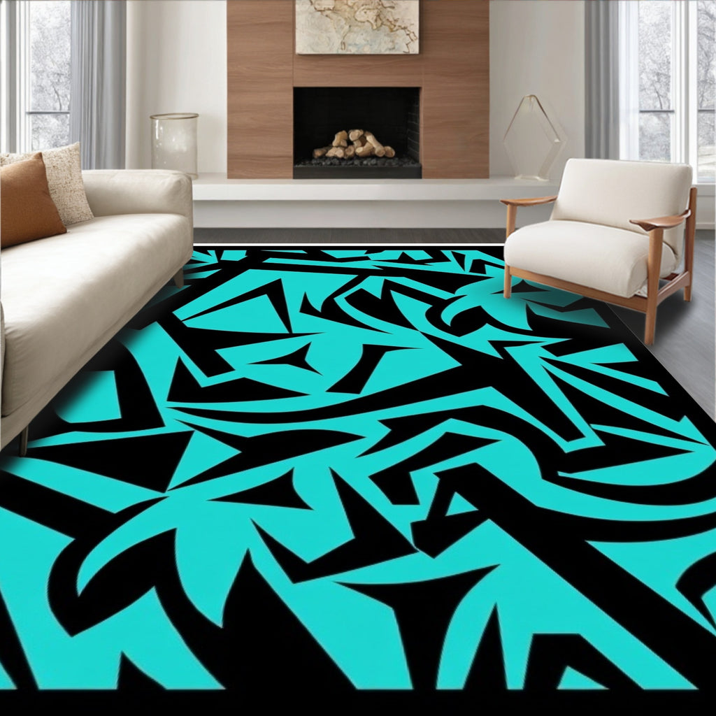 Electric Blue Black Abstract Shards Rug