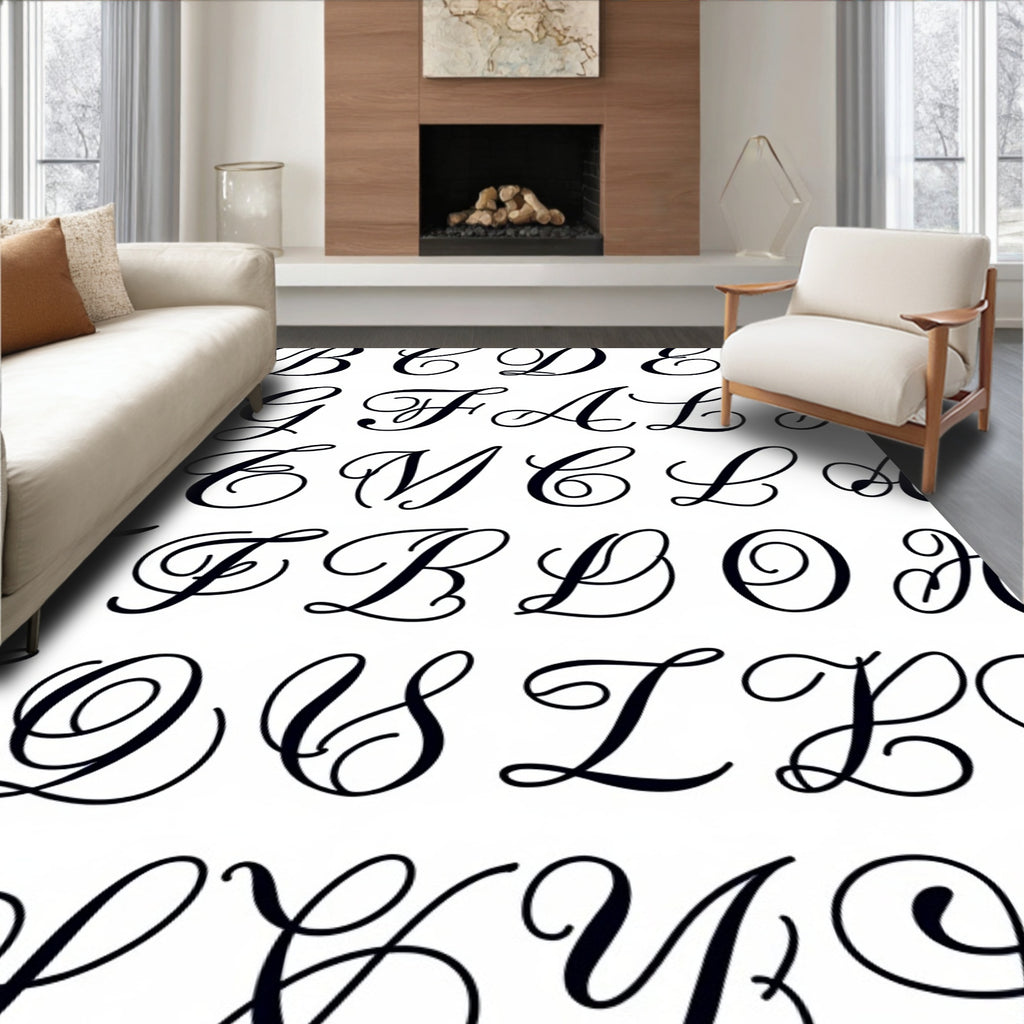 Elegant Black Script Alphabet Collection Rug