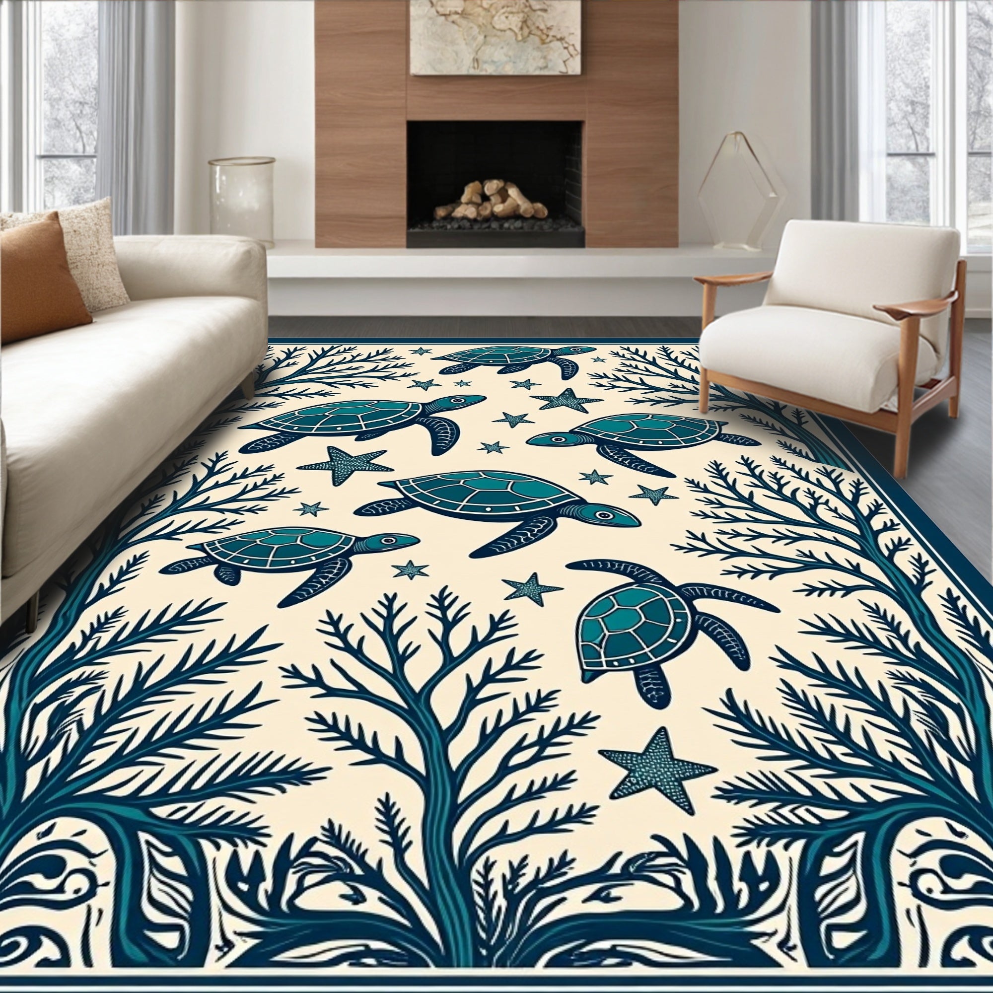 Teal Sea Turtle Starfish Marine Life Rug