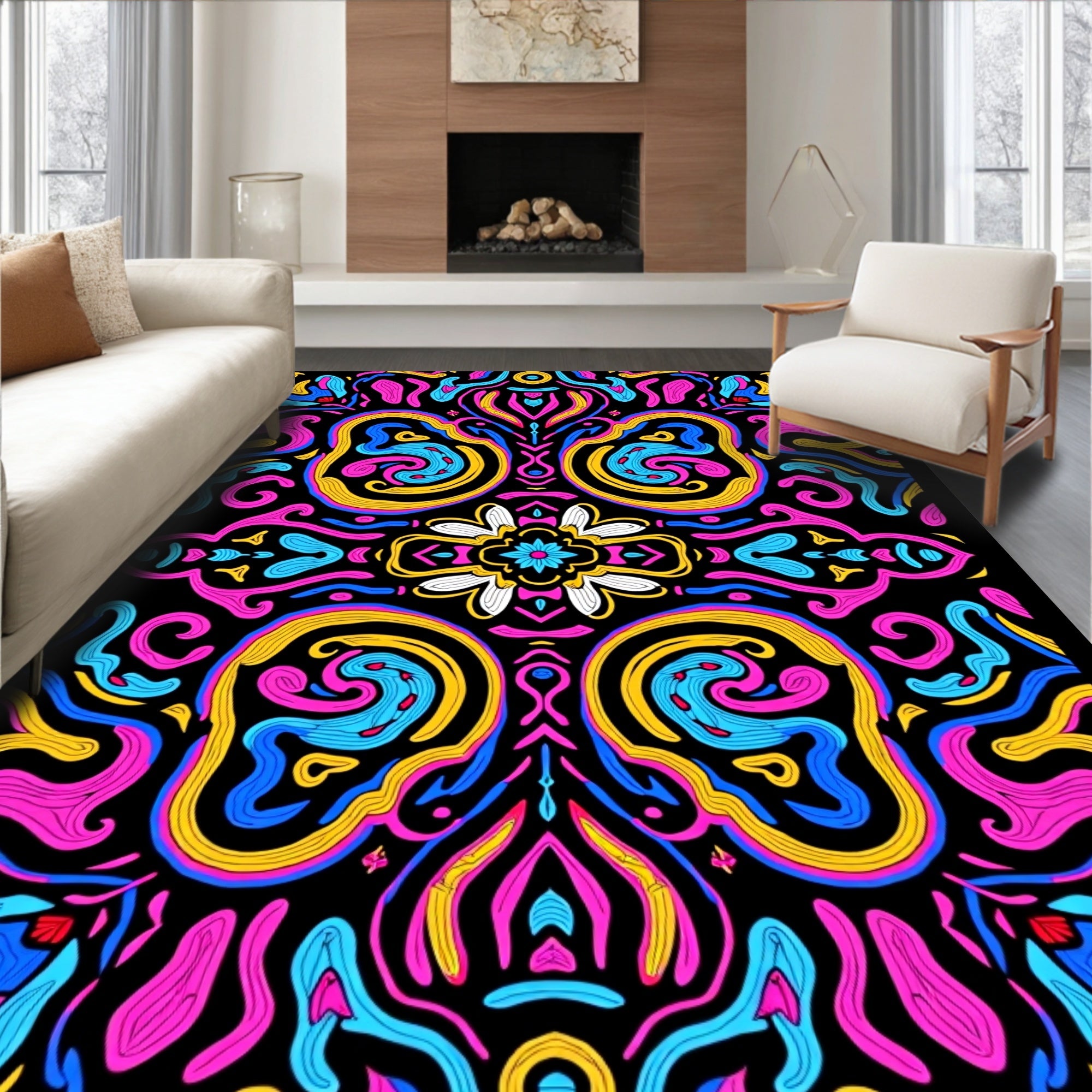 Vibrant Psychedelic Swirls Floral Rug
