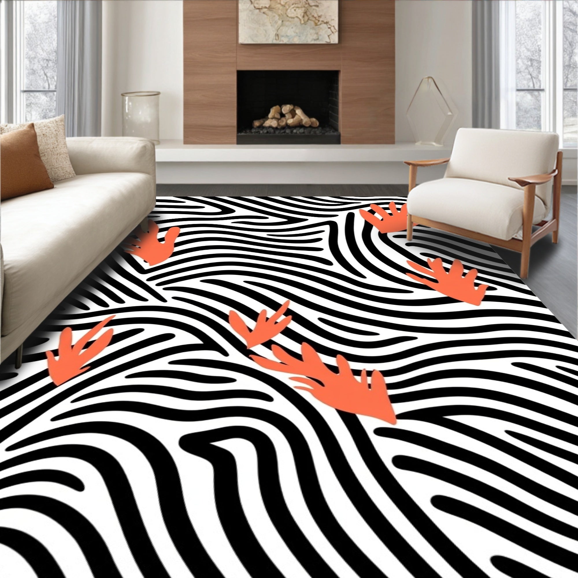 Coral Abstract Organic Zebra Lines Rug