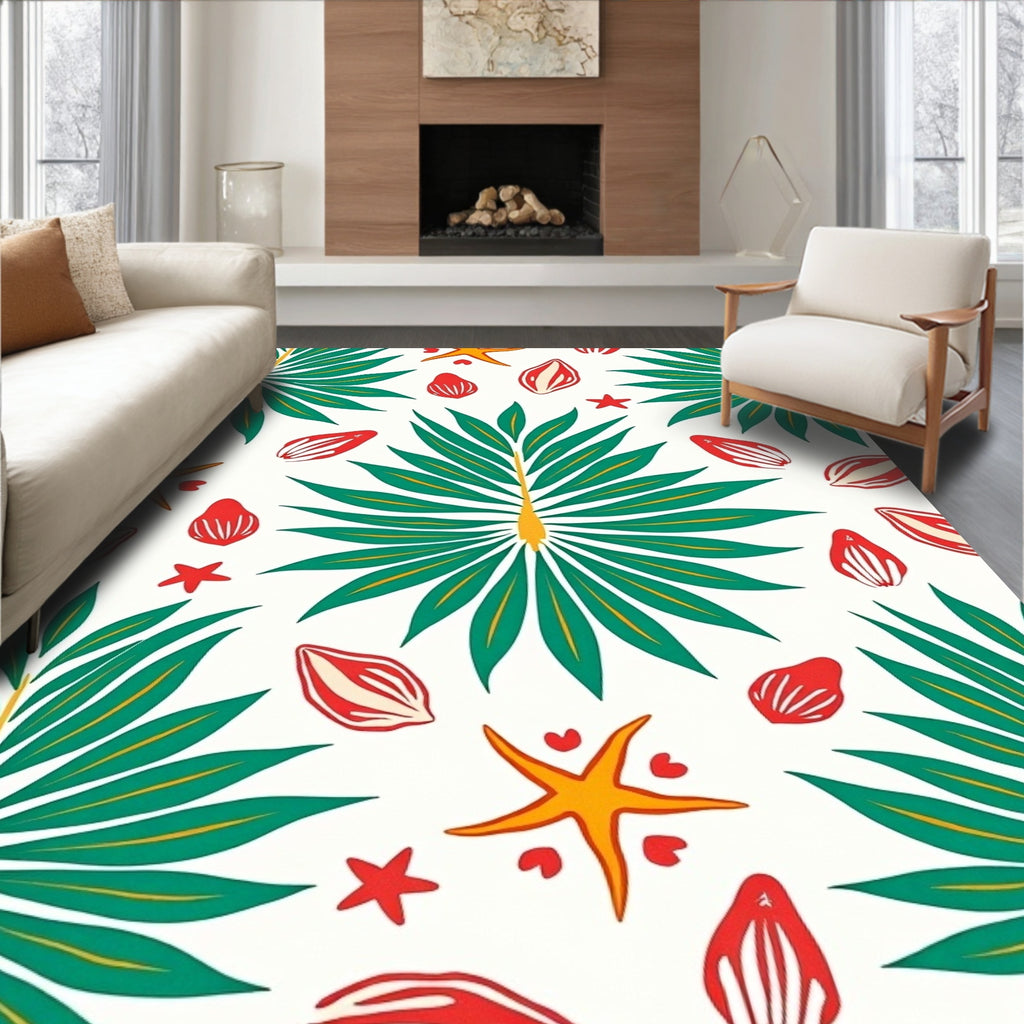 Tropical Green Palm Starfish Shells Rug