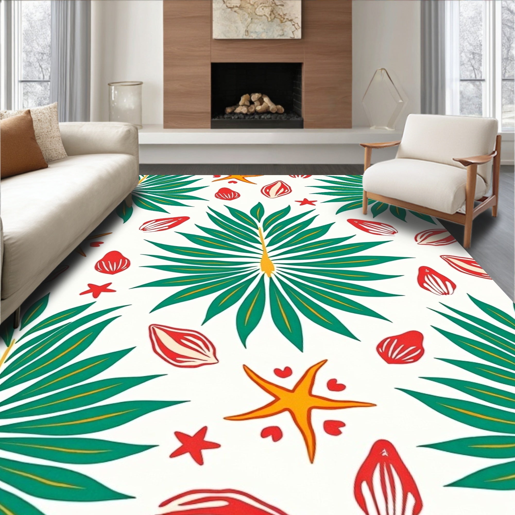 Tropical Green Palm Starfish Shells Rug
