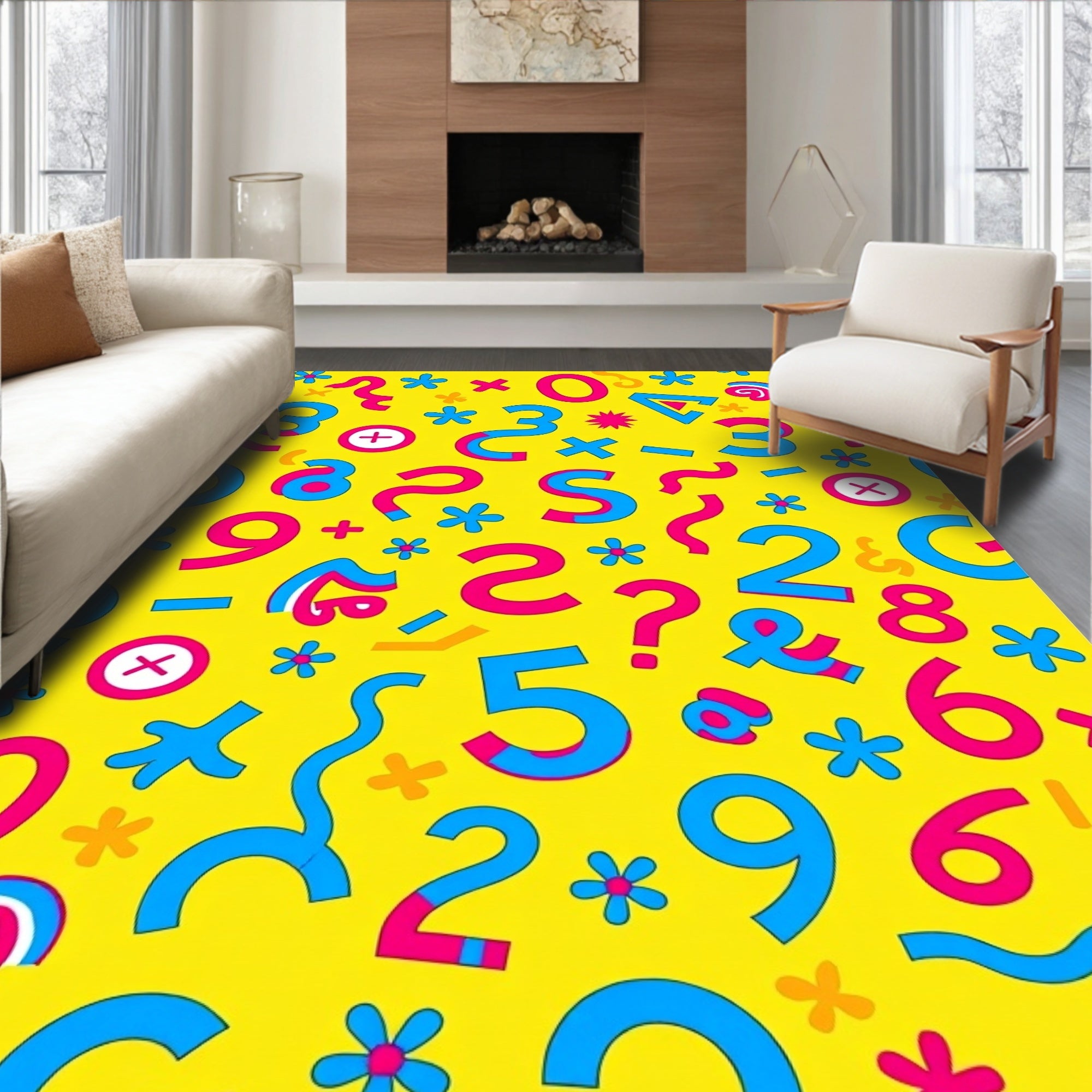 Vibrant Yellow Number And Symbol Collision Rug