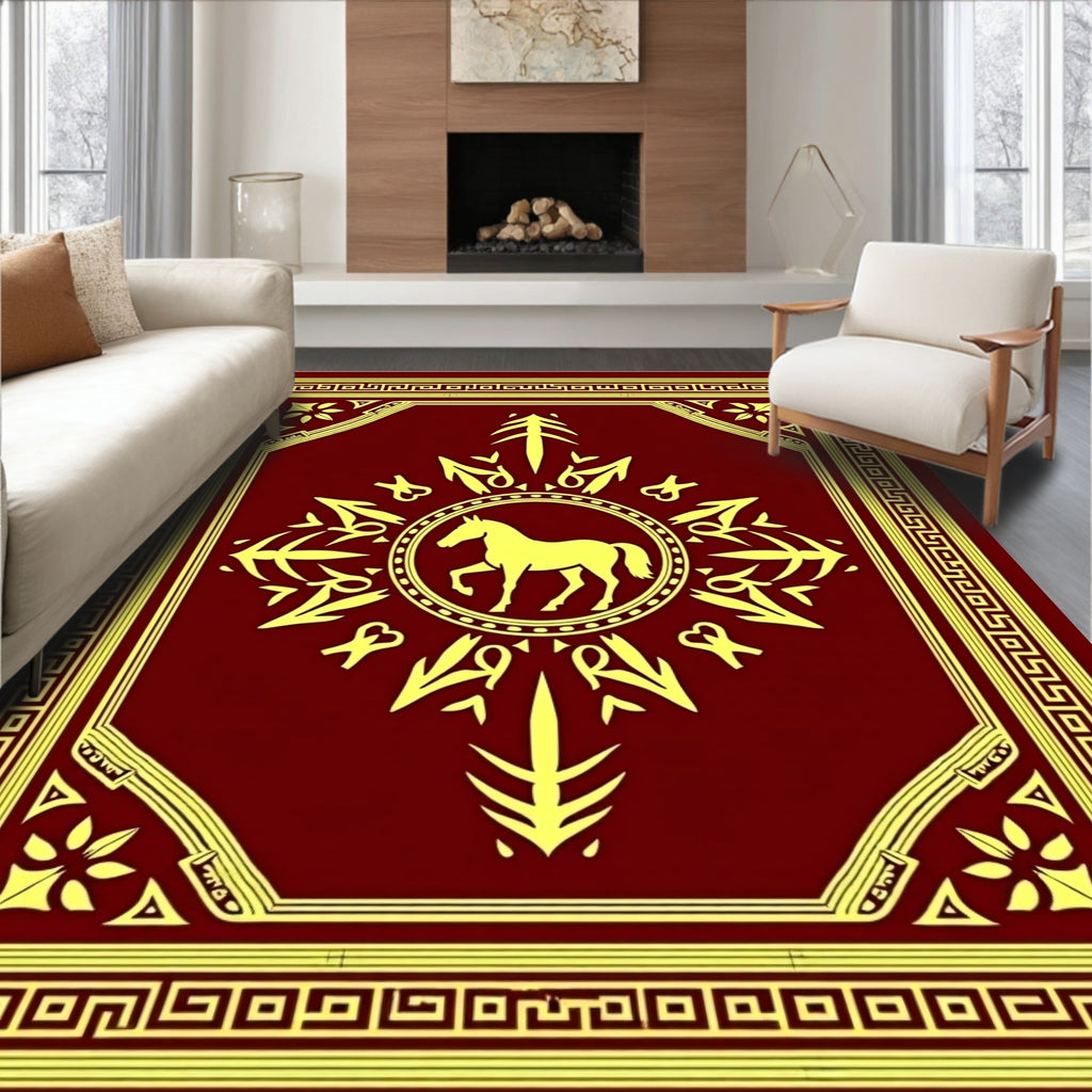Crimson Golden Horse Medallion Border Rug