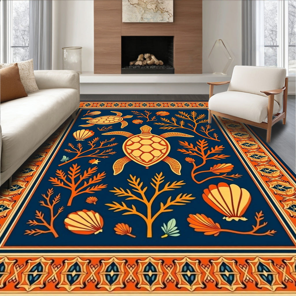 Yellow Teal Turtle Sea Life Border Rug