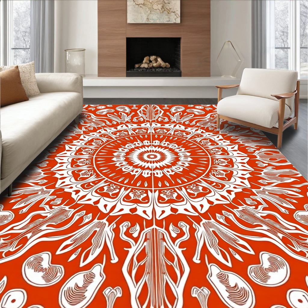 Vibrant Orange White Mandala Art Rug