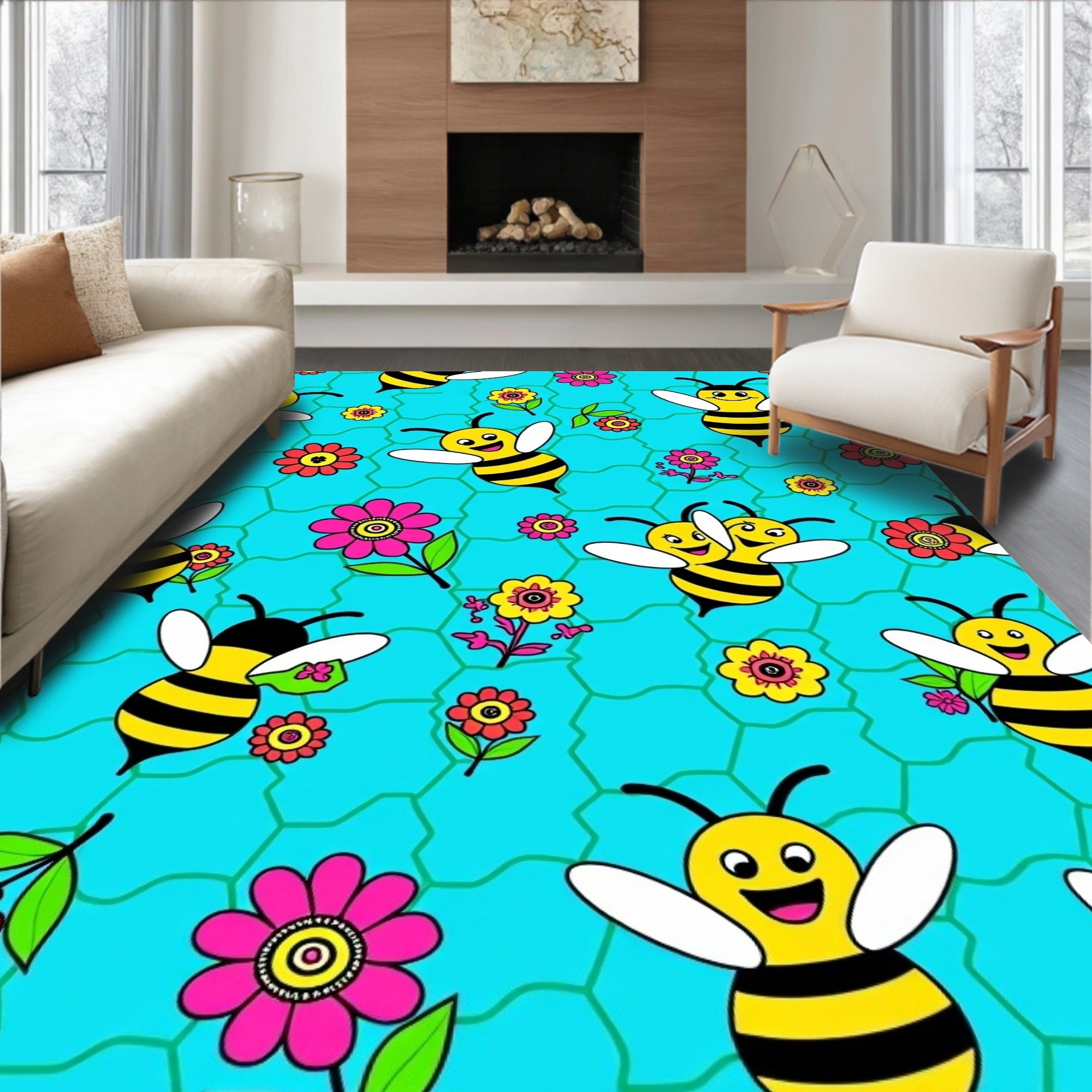 Happy Yellow Bees Floral Playful Rug