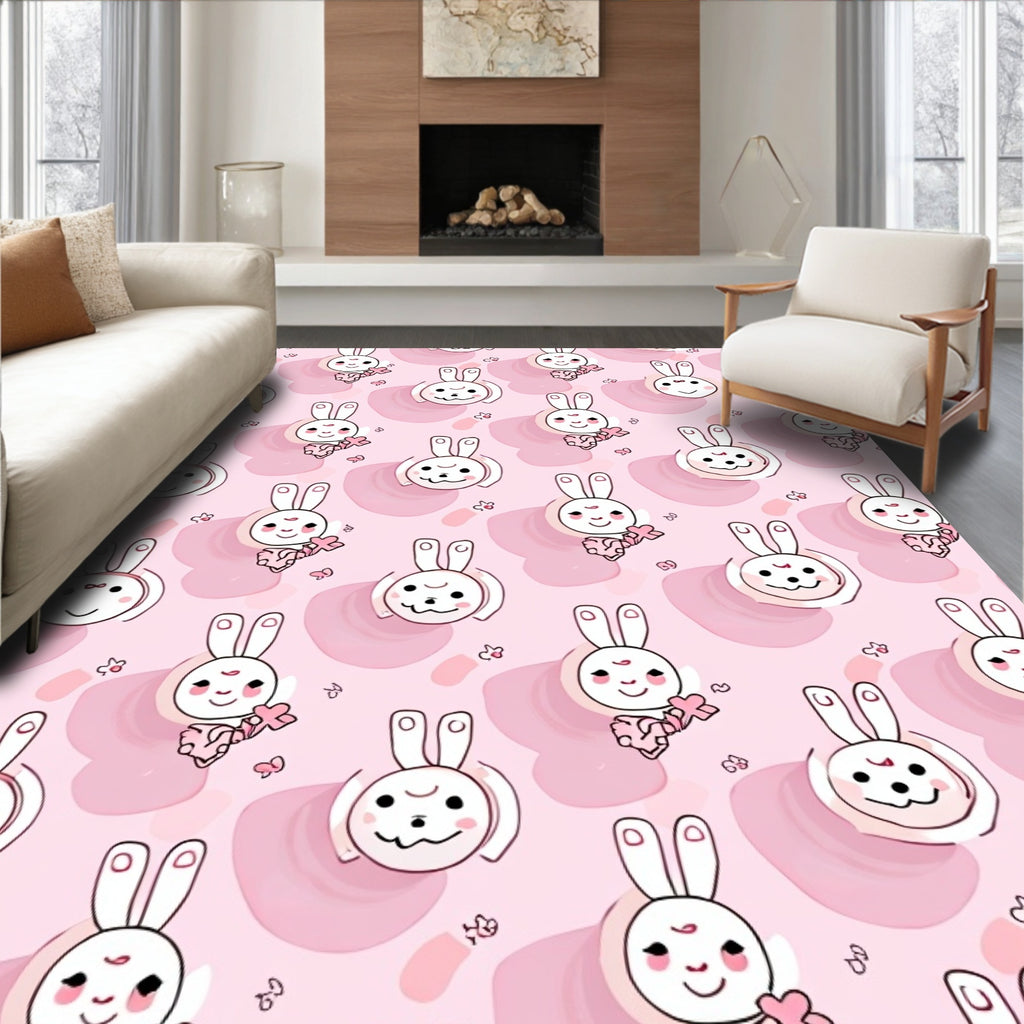 Sweet Pink Kawaii Bunny Hearts Border Rug