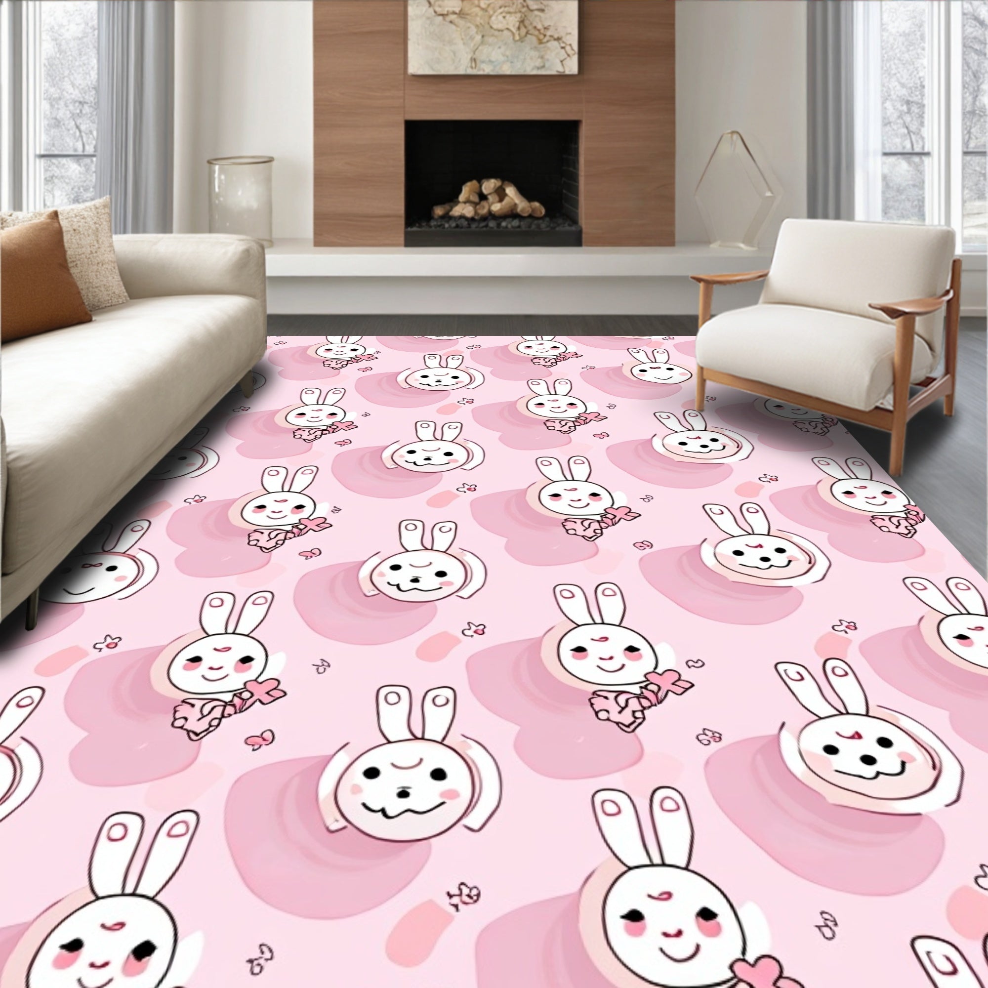 Sweet Pink Kawaii Bunny Hearts Border Rug
