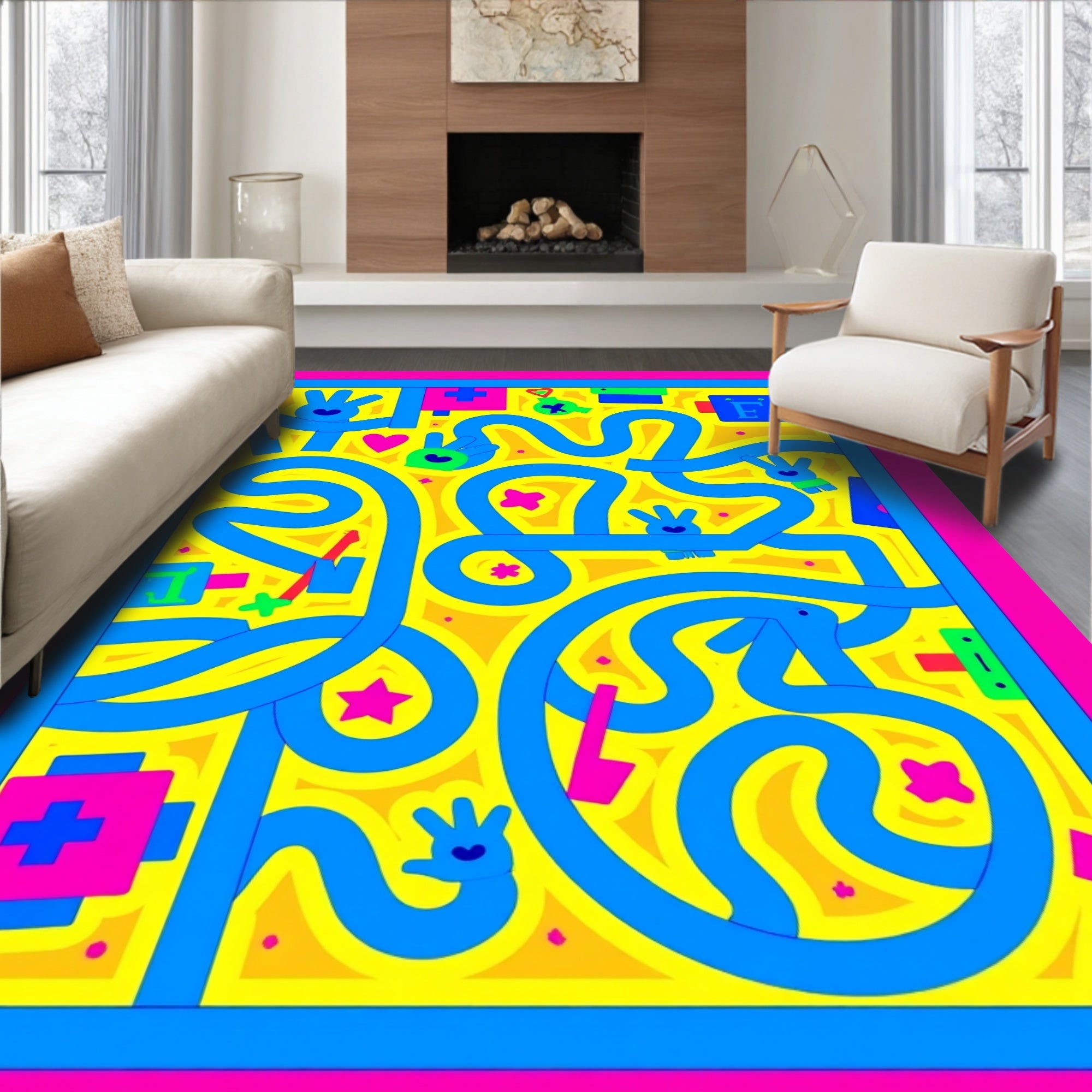 Vibrant Blue Heart Pink Maze Rug
