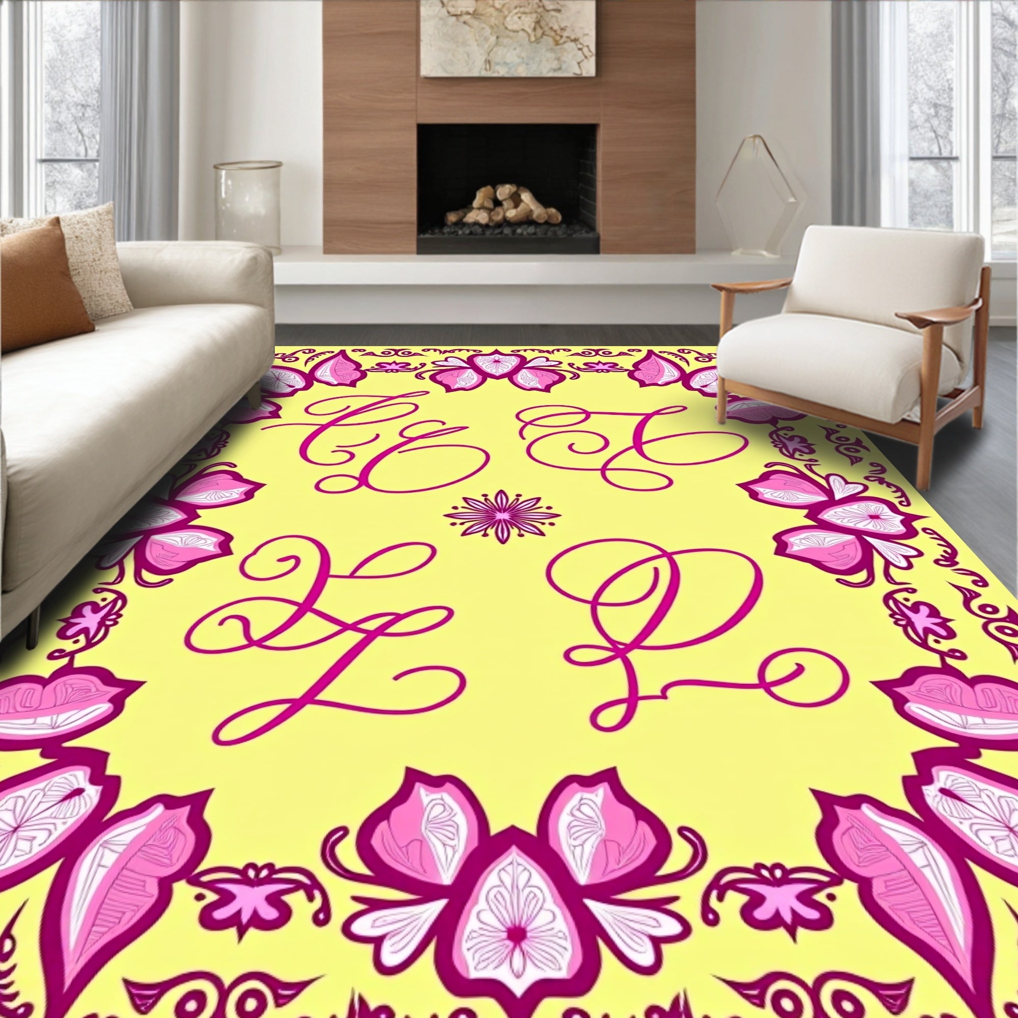 Pink Orchid Monogram Frame Rug