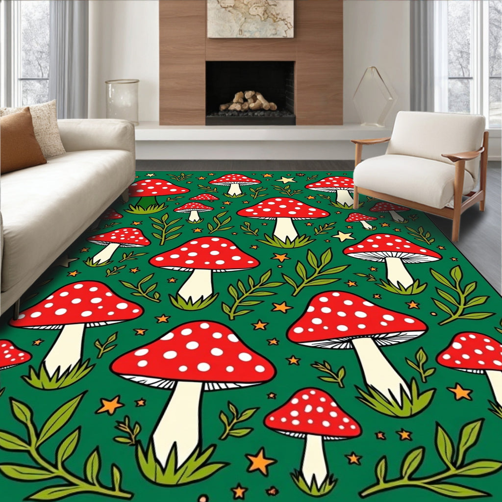 Whimsical Red Mushroom Forest Stars Rug