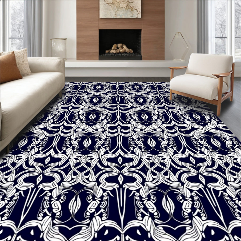 Art Nouveau Midnight Blue White Swirl Rug