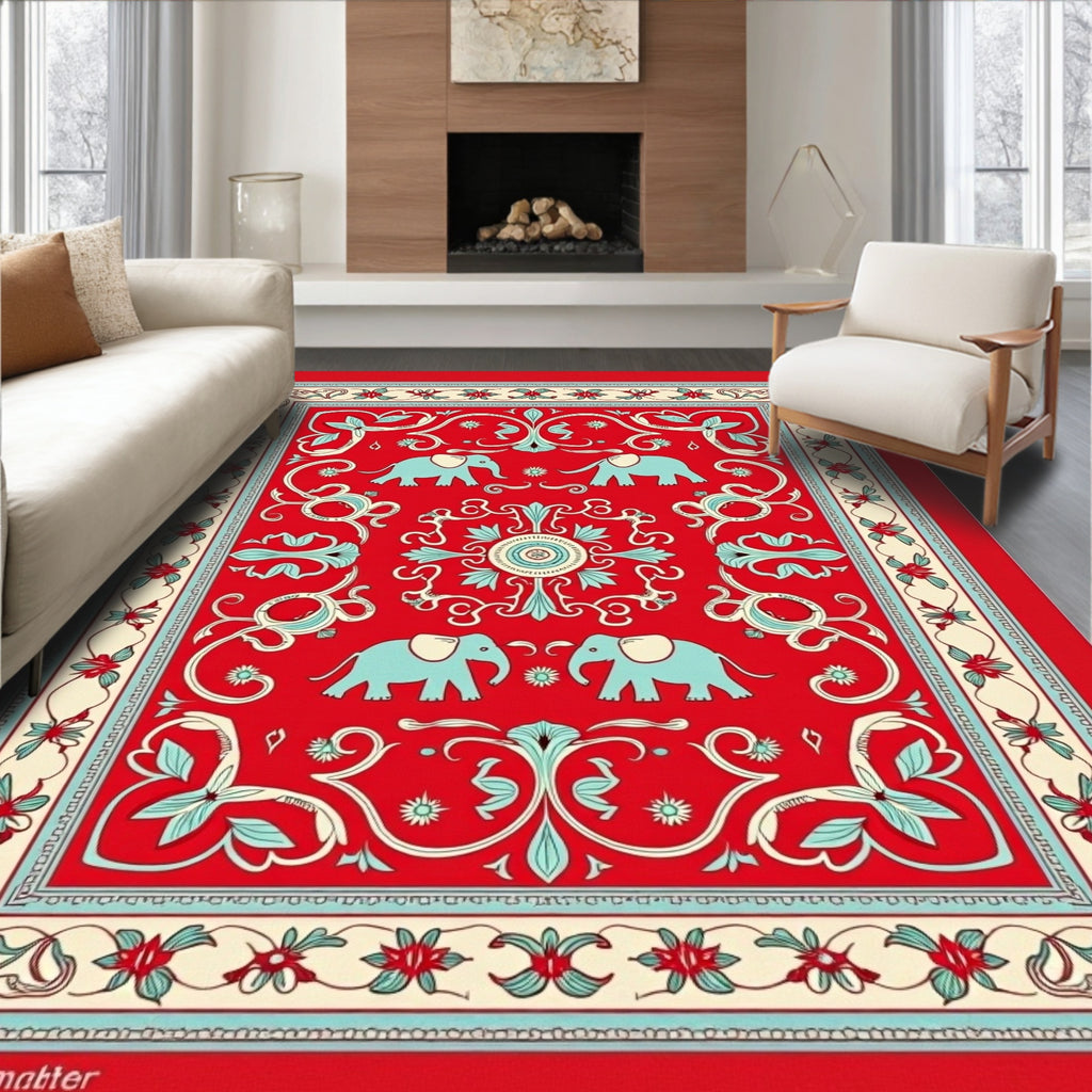Vibrant Red Elephant Garden Medallion Rug