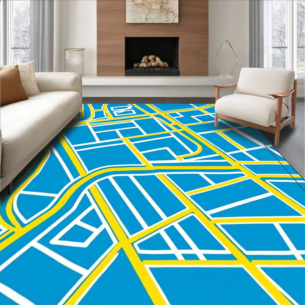 Blue Yellow Grid Street Map Rug