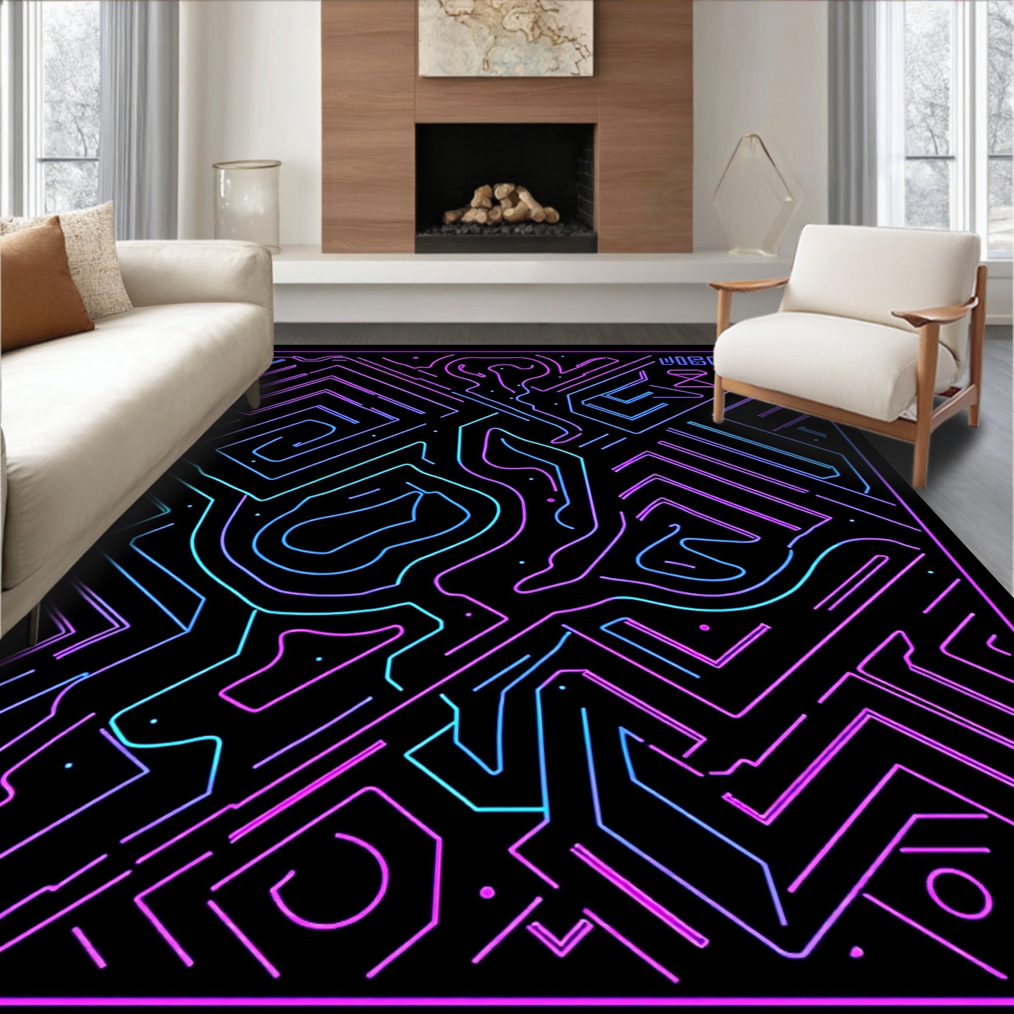 Cybernetic Neon Circuit Maze Rug