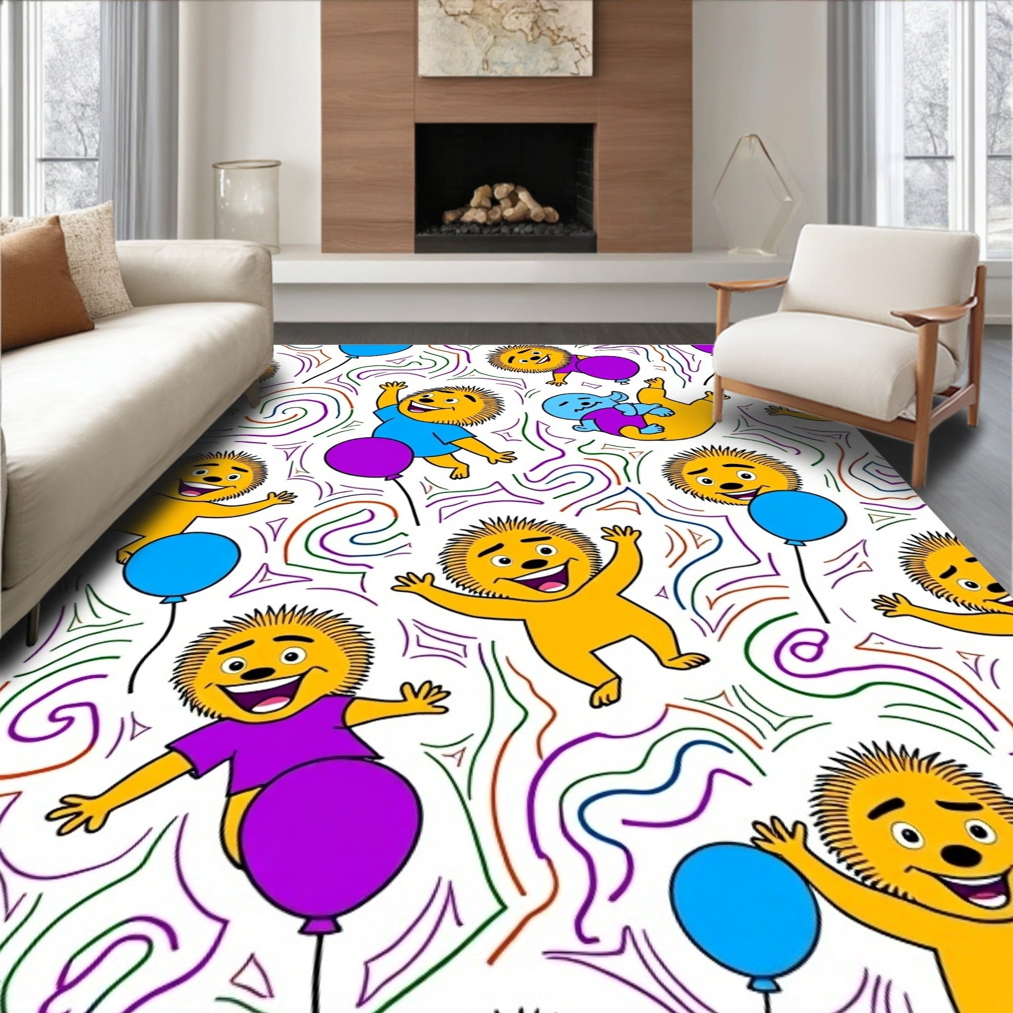 Jolly Yellow Lion Blue Purple Balloons Rug