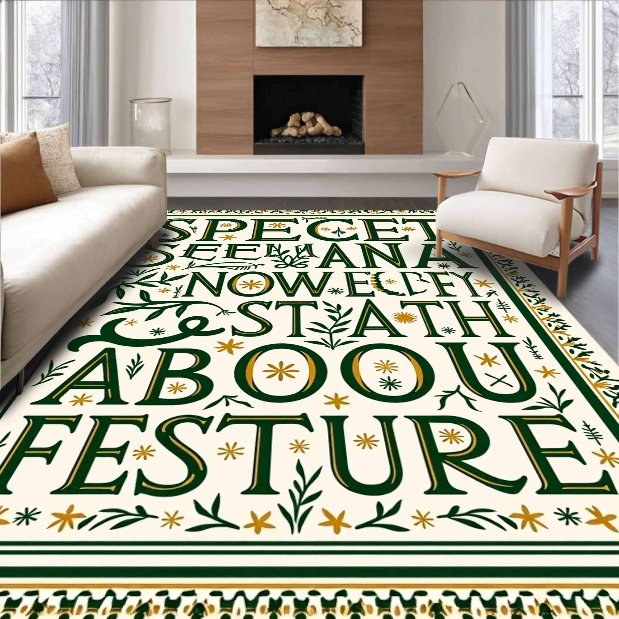 Ornate Green and Gold Floral Lettering Rug