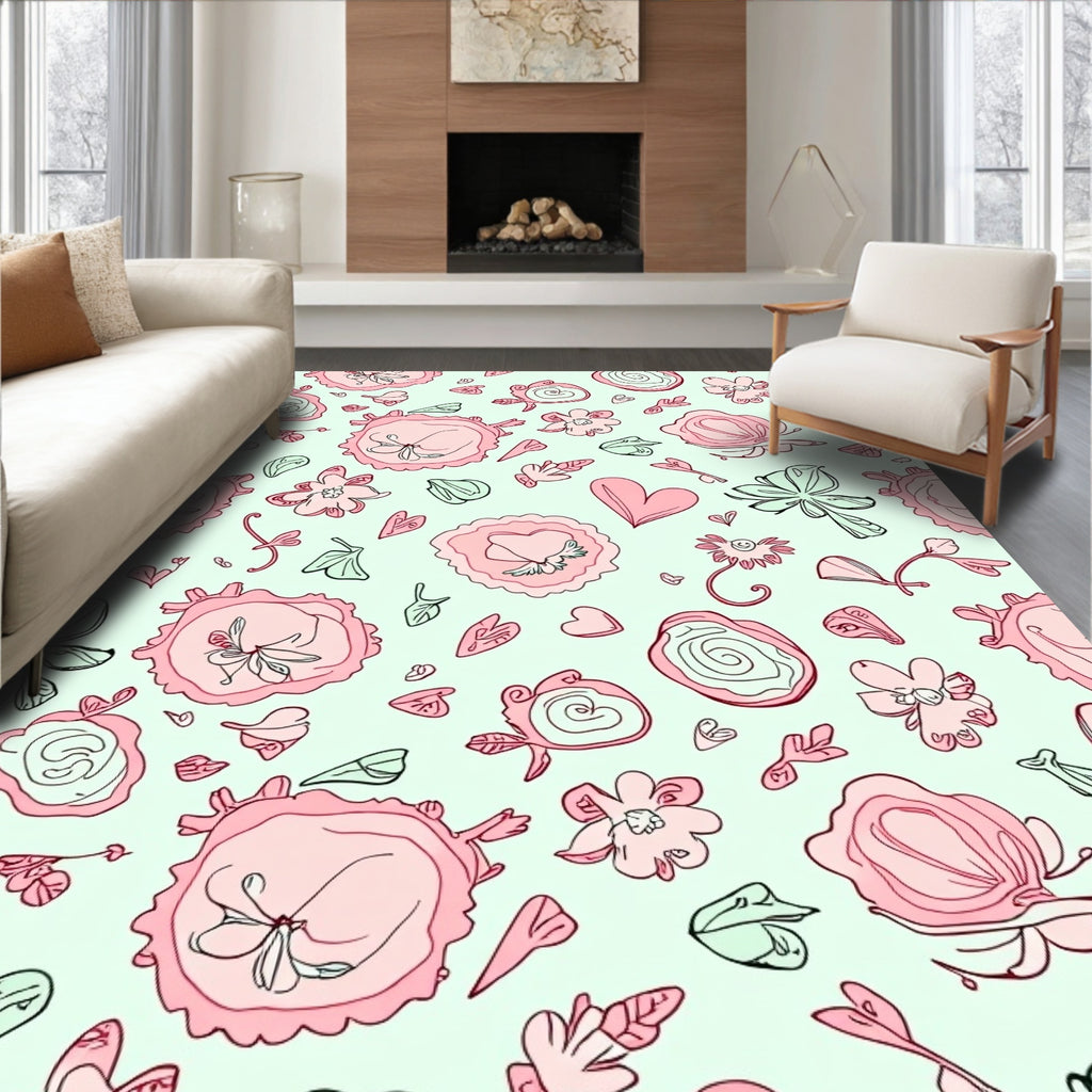 Whimsical Pink Floral Heart Garden Rug