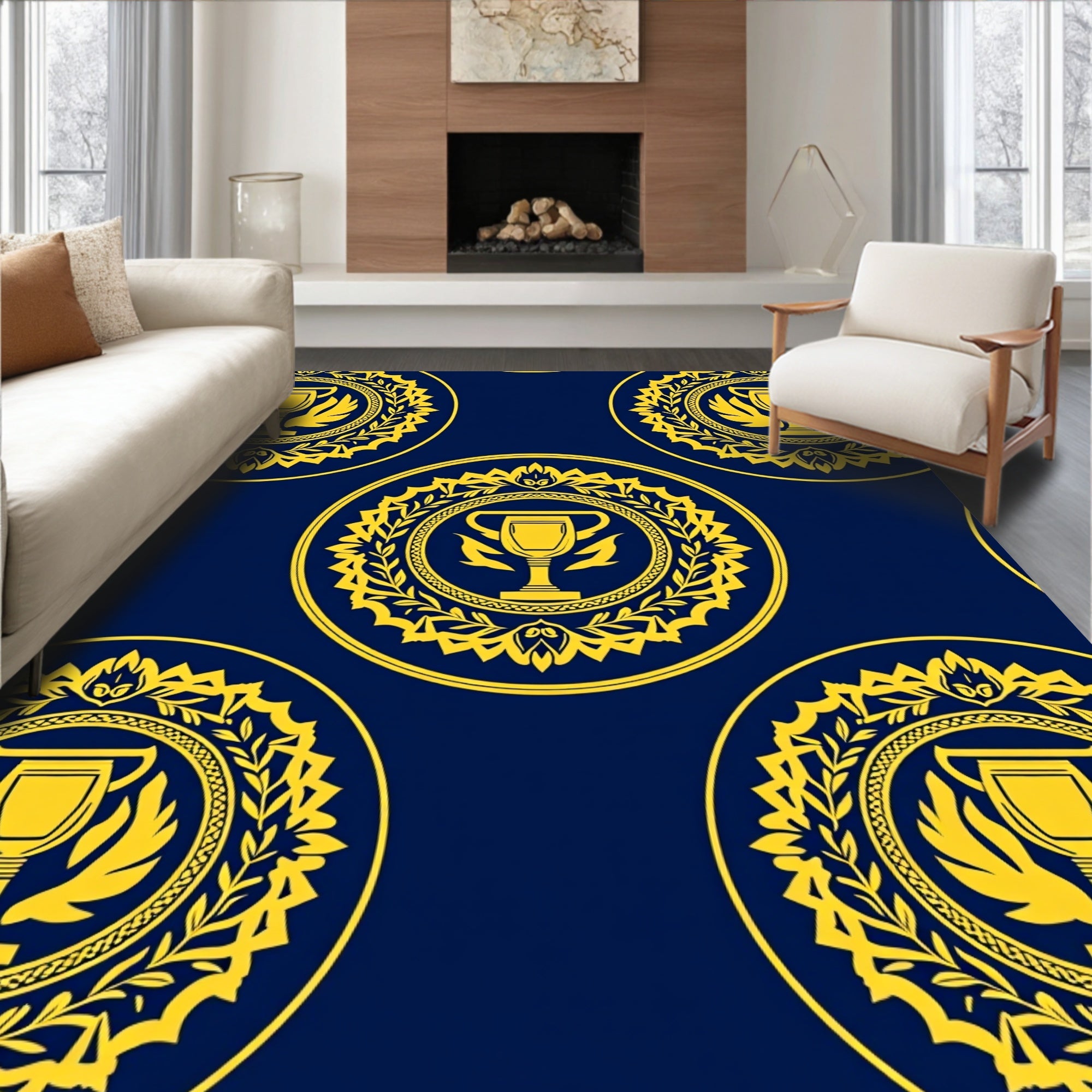 Navy Gold Trophy Laurel Wreath Medallion Rug