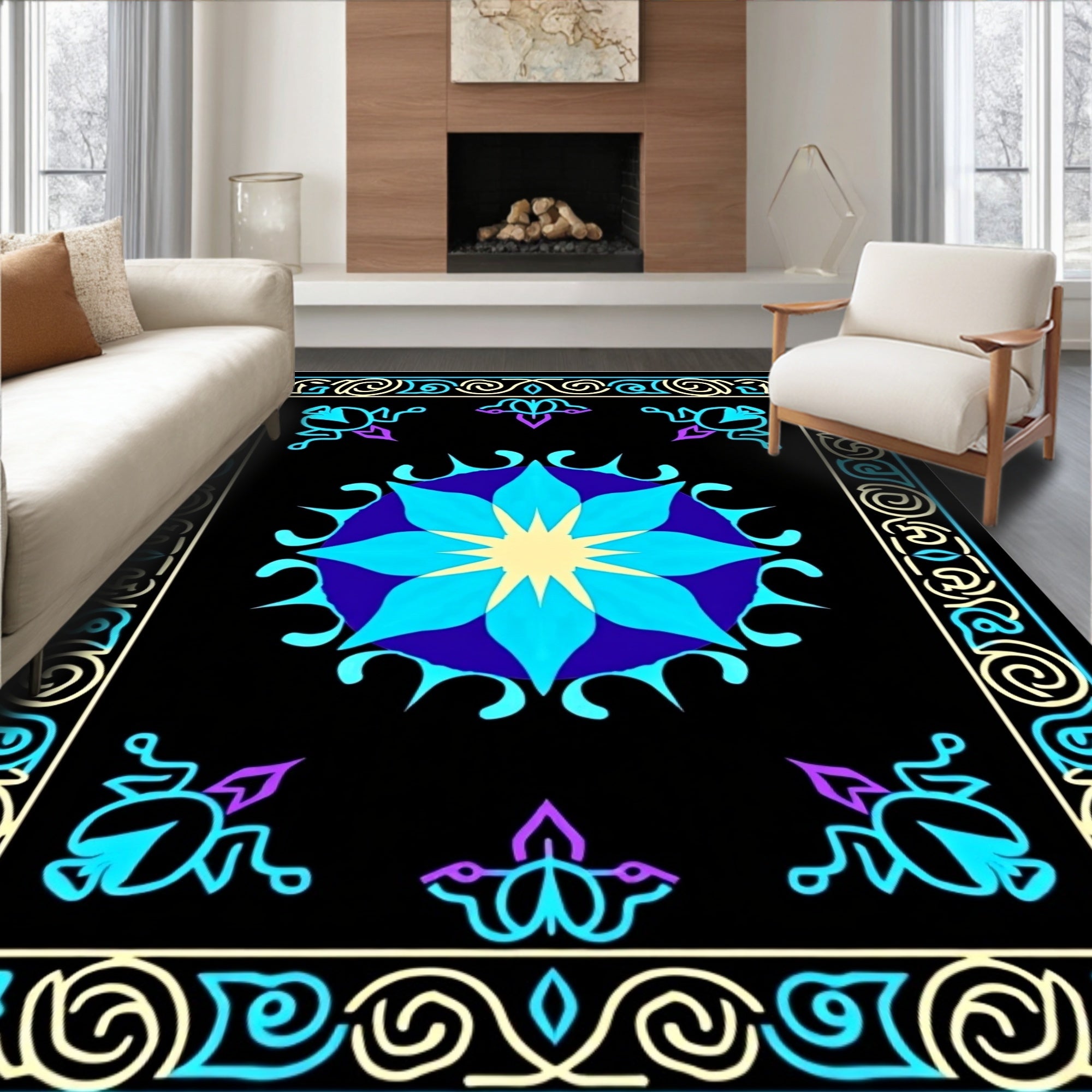 Vibrant Blue Neon Floral Medallion Rug