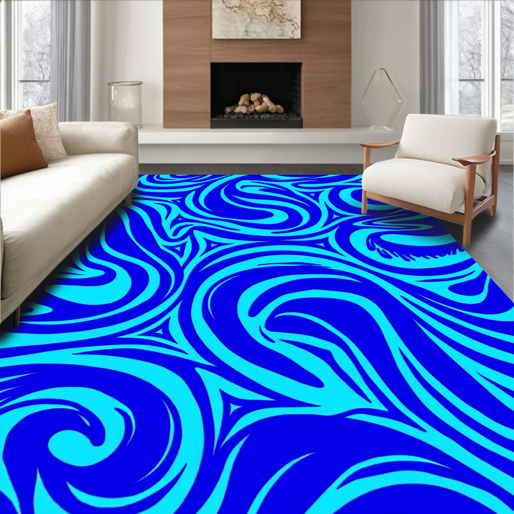 Electric Blue Swirling Abstract Waves Rug
