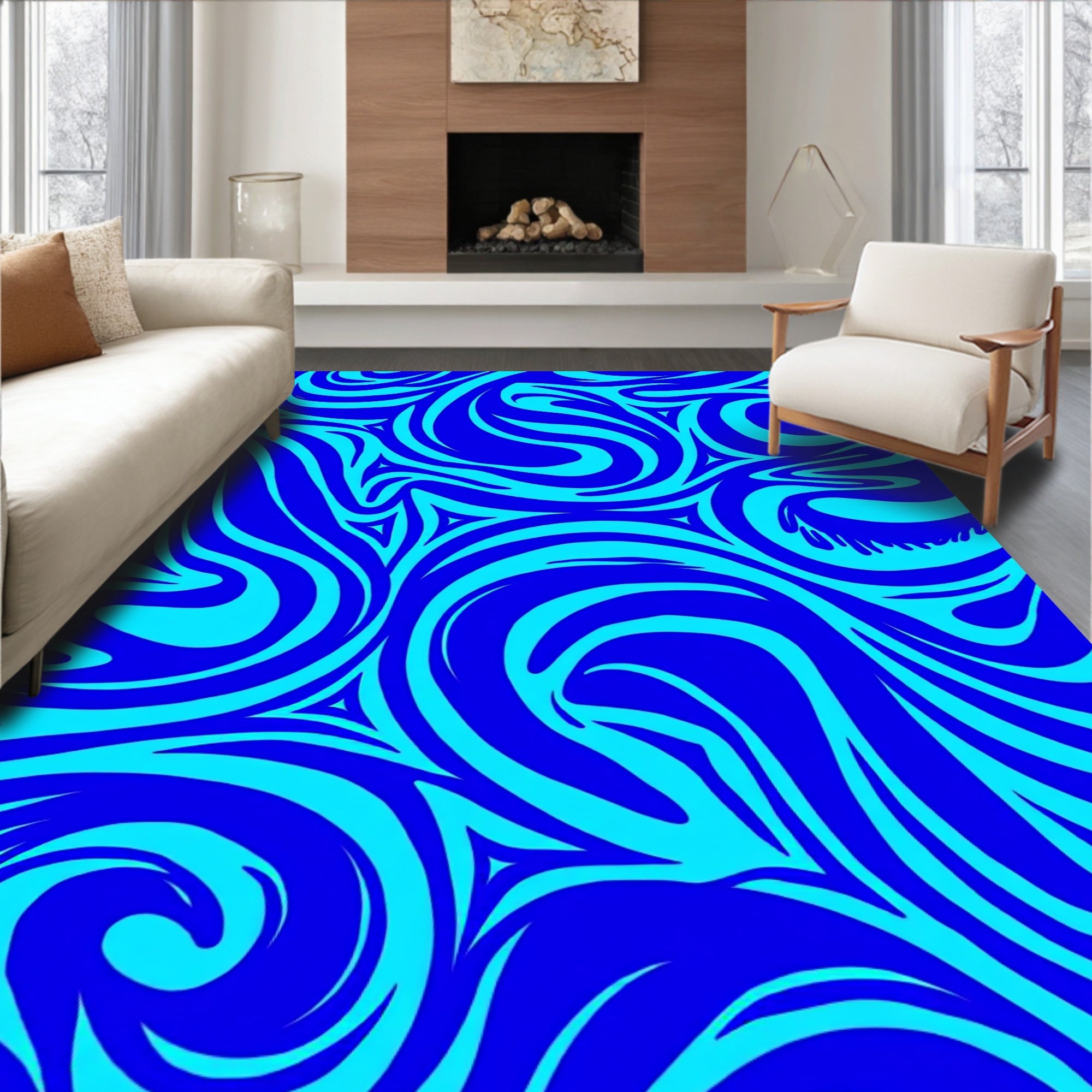Electric Blue Swirling Abstract Waves Rug
