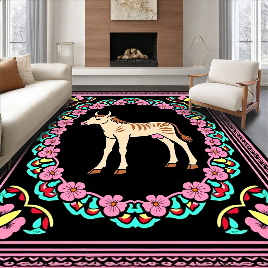Pink Floral Frame Cream Striped Cow Rug
