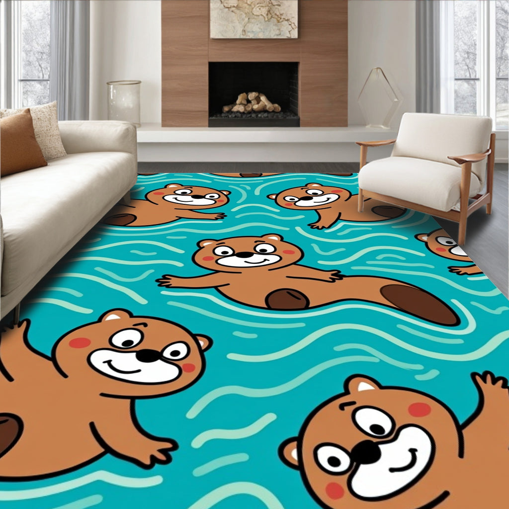 Cute Otters Swimming Blue Waves Rug