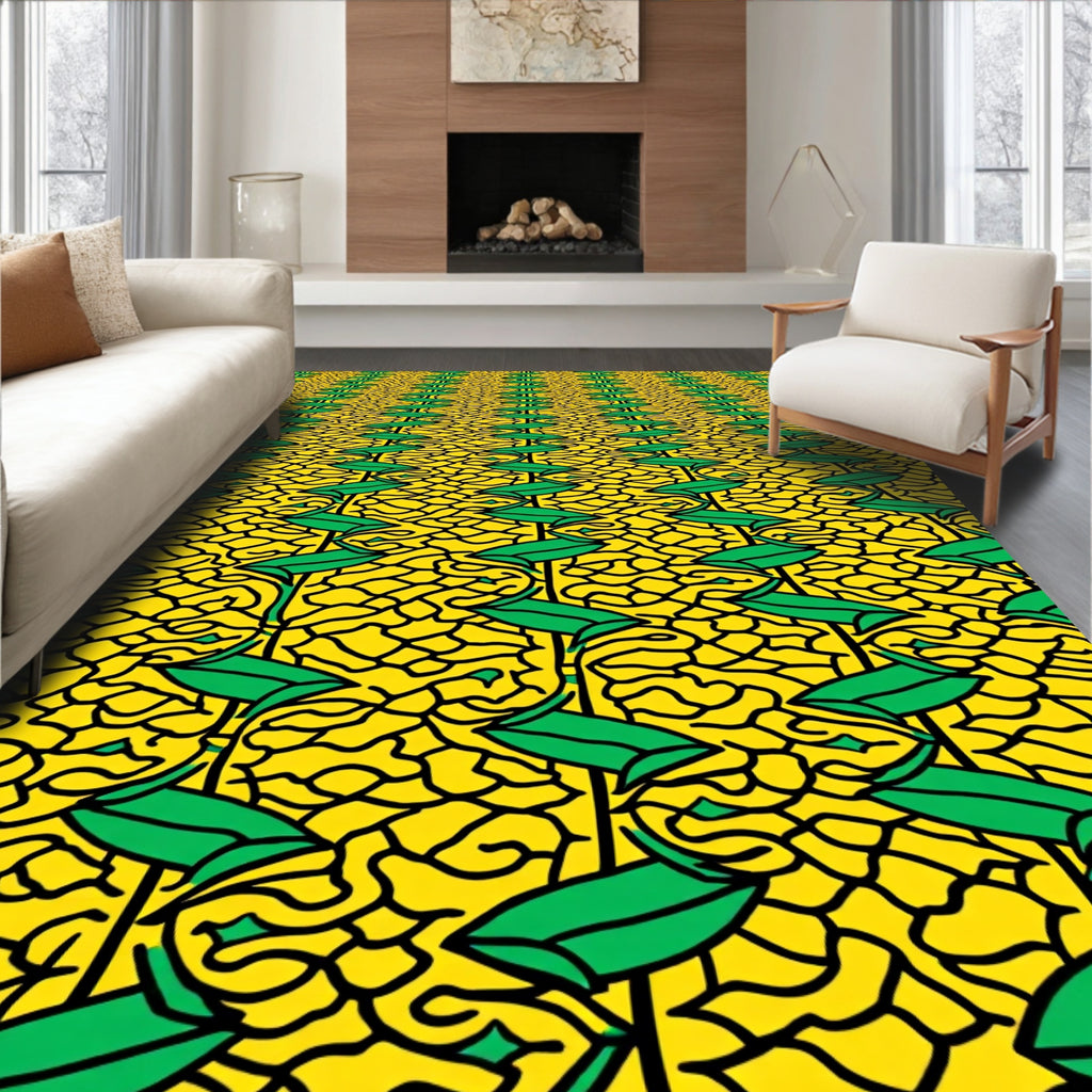 Vibrant Yellow Green Branching Vines Rug