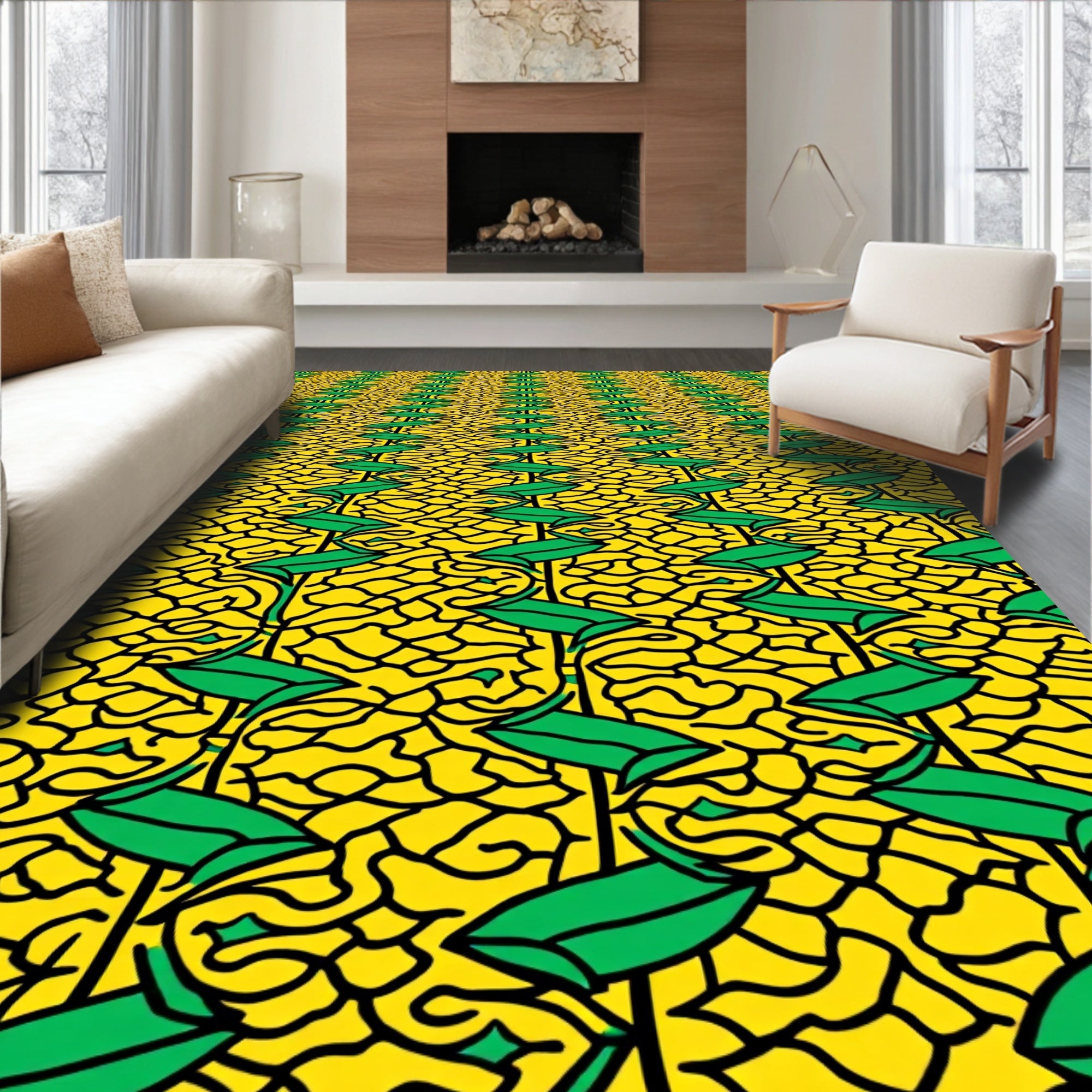 Vibrant Yellow Green Branching Vines Rug