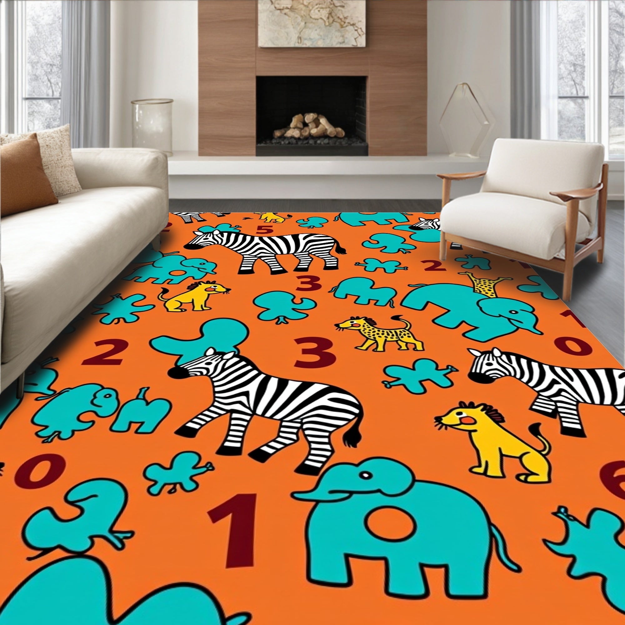 Fun Safari Animals and Numbers Orange Rug