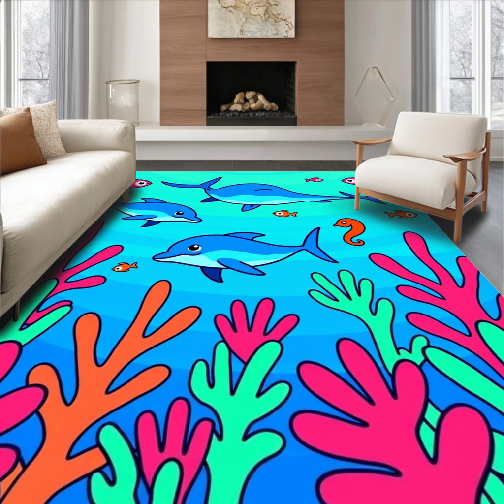 Ocean Dolphins Coral Seahorse Kids Room Rug