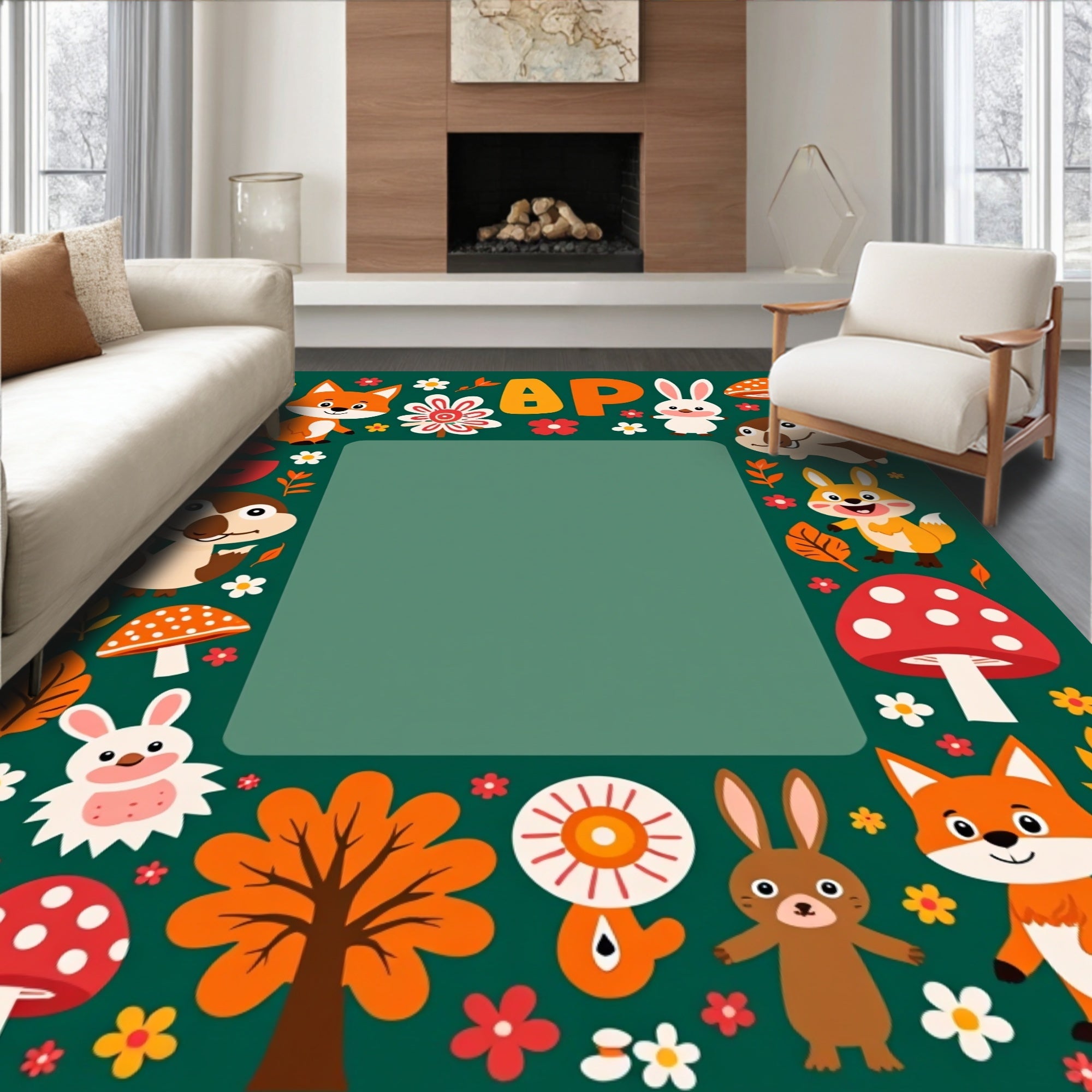 Woodland Creatures Cute Autumn Alphabet Border Rug