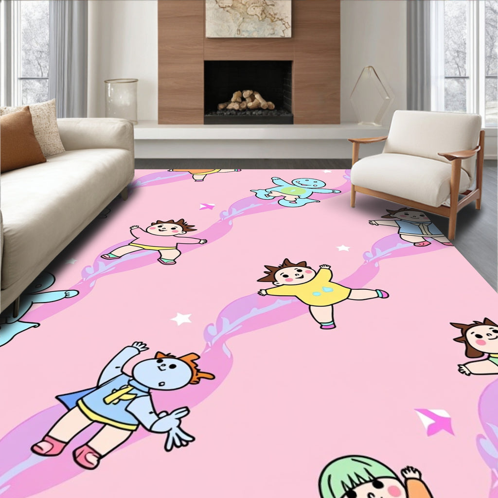 Playful Childlike Characters Pink Swirls Stars Rug
