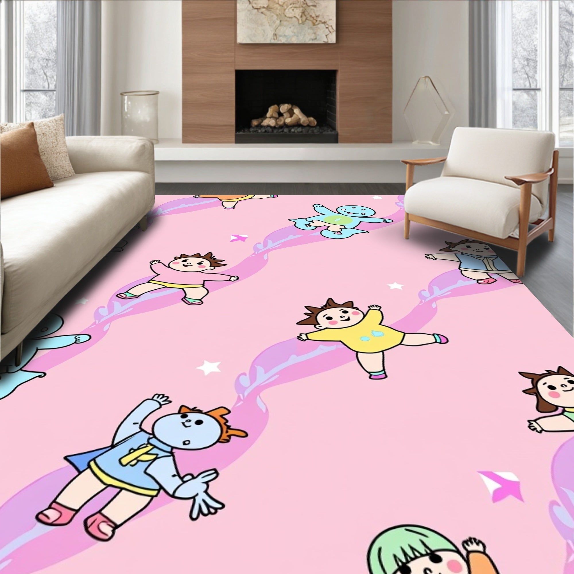 Playful Childlike Characters Pink Swirls Stars Rug