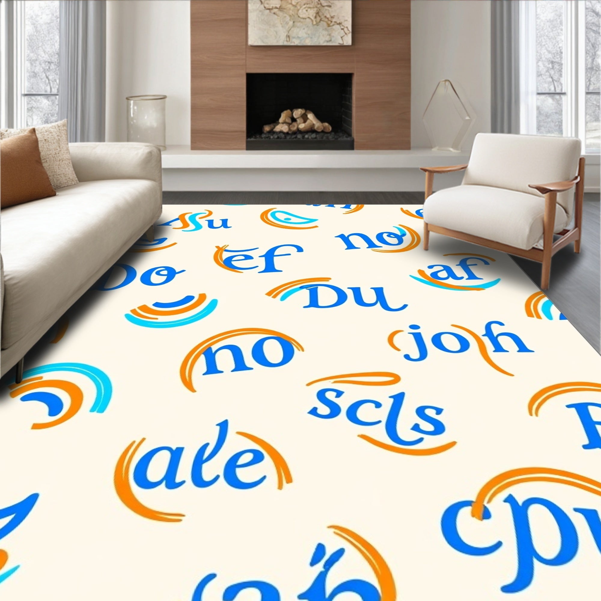 Playful Blue Orange Text Collage Rug