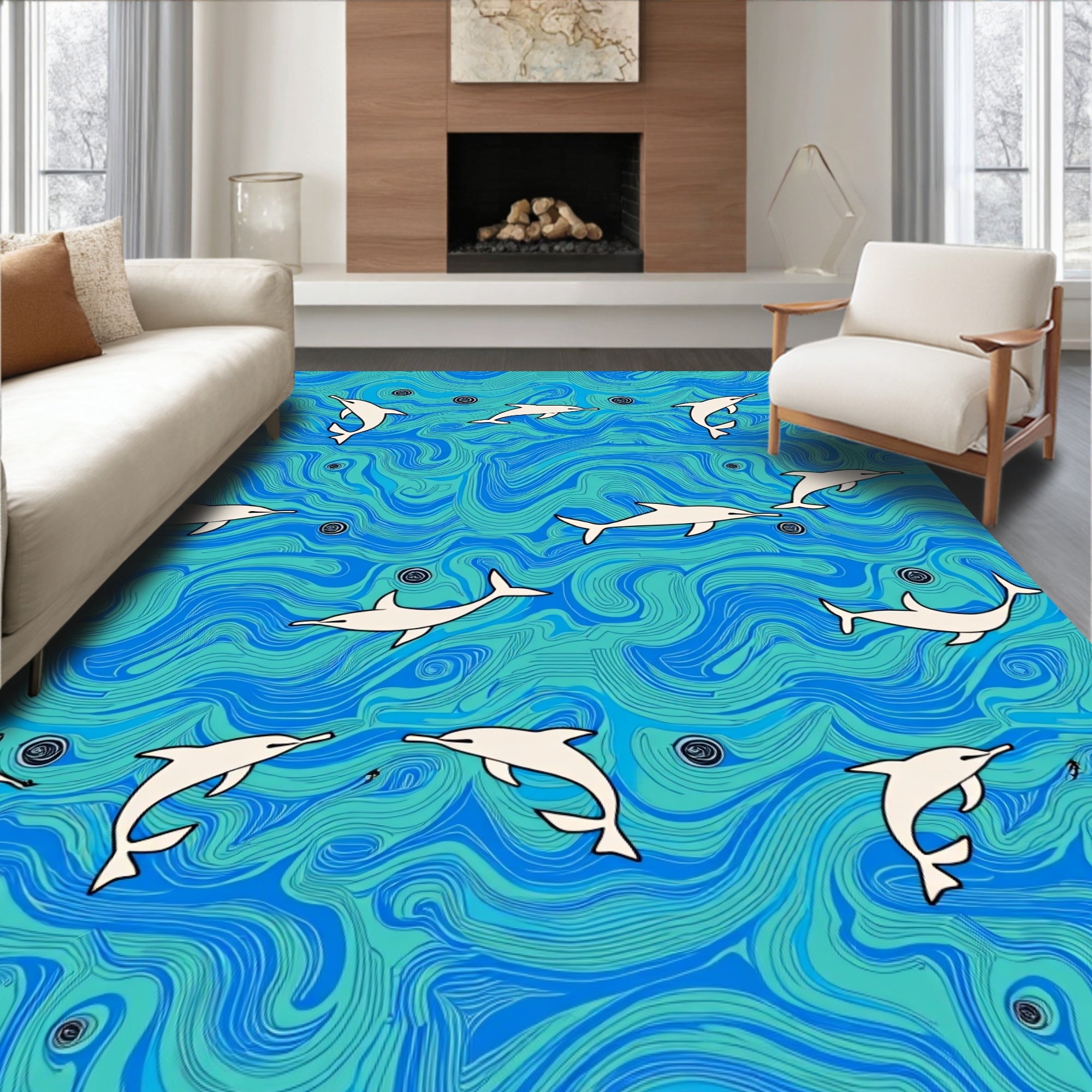 Playful Dolphins in Turquoise Swirling Waves Rug