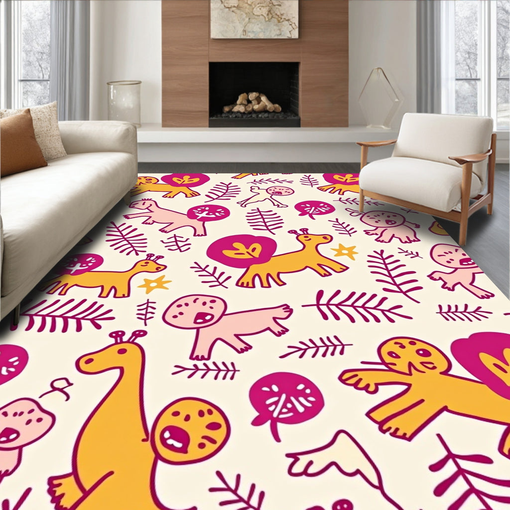 Whimsical Yellow Giraffe Pink Lion Jungle Rug