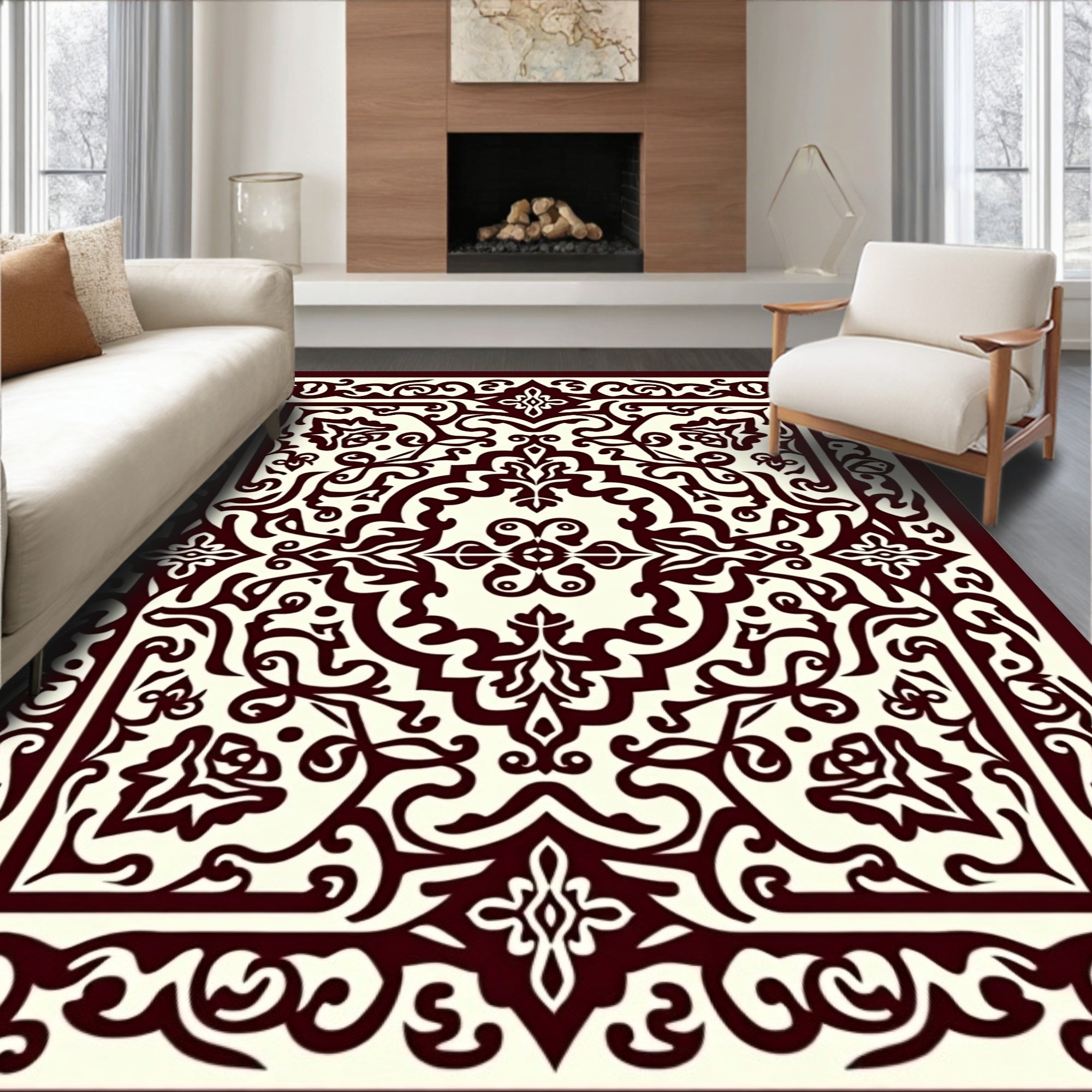 Ornate Crimson and Cream Medallion Rug