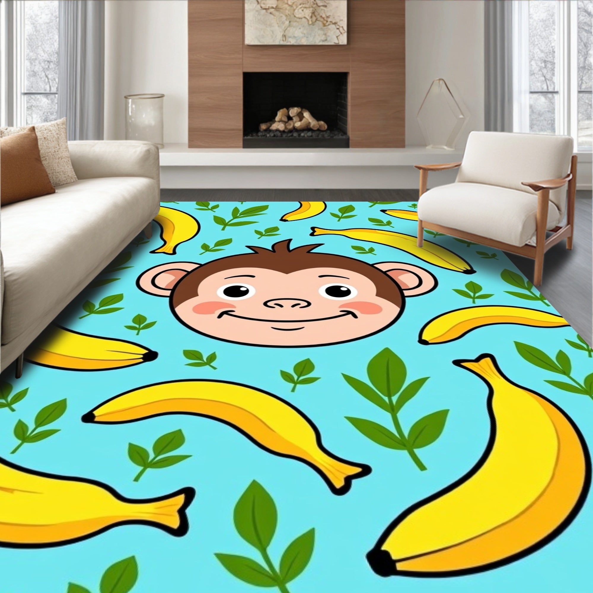 Playful Monkey Banana Leaves Background Rug