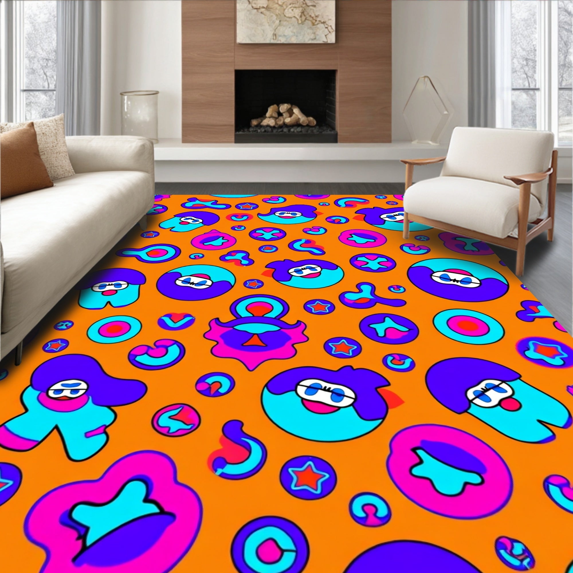 Vibrant Orange Pop Art Figures Rug