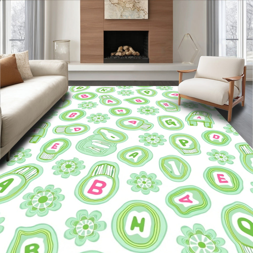 Whimsical Green Agate Alphabet Flowers Rug