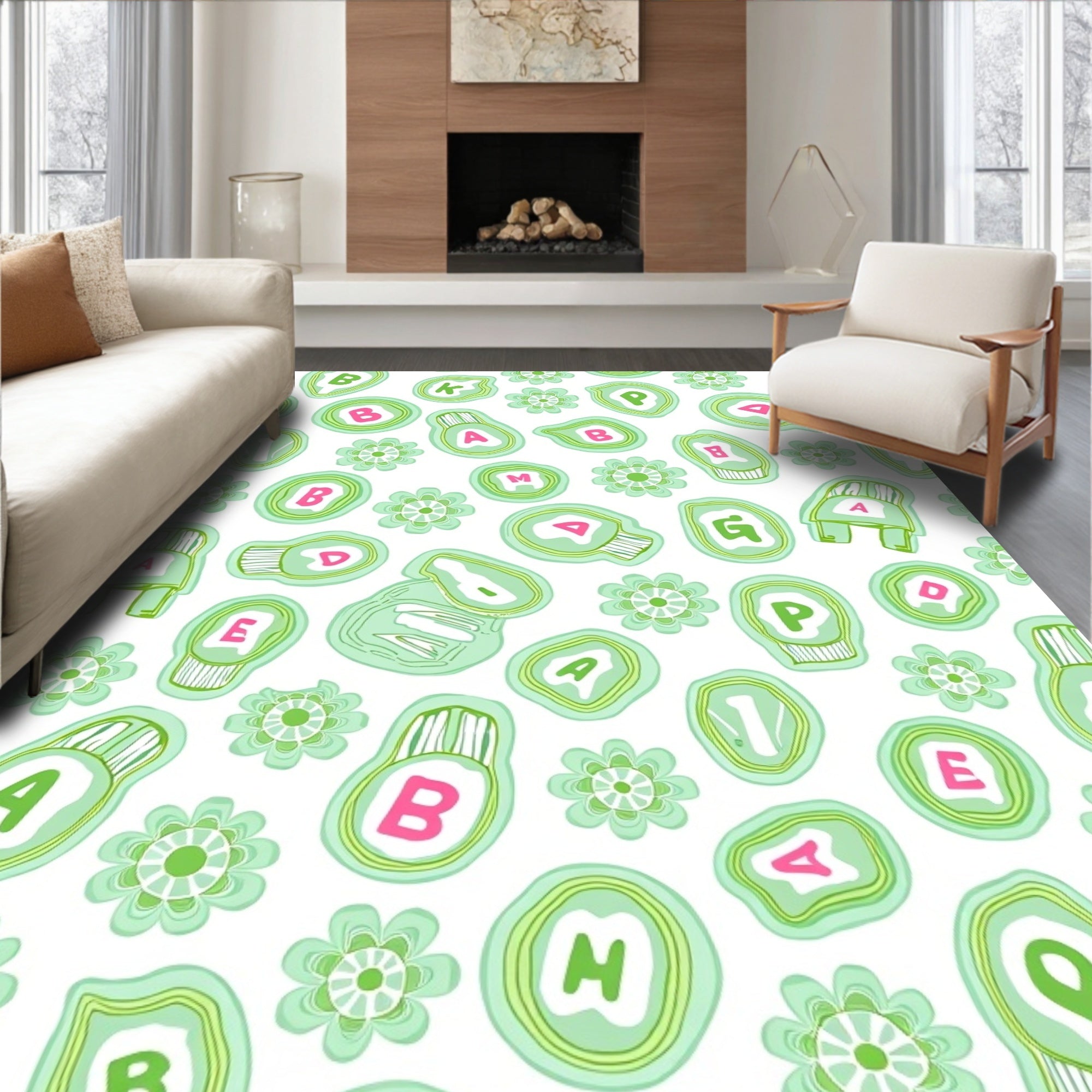 Whimsical Green Agate Alphabet Flowers Rug