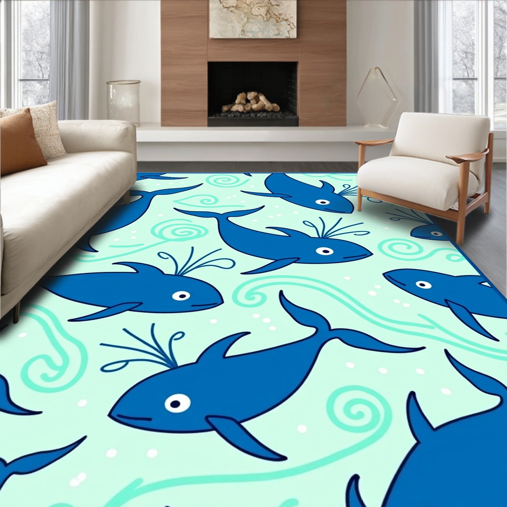 Ocean Blue Whales Sea Swirls Rug